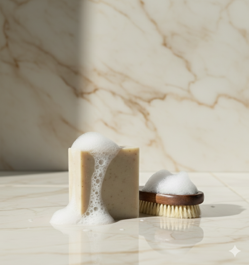 Bar of soap with a brush on a marble surface